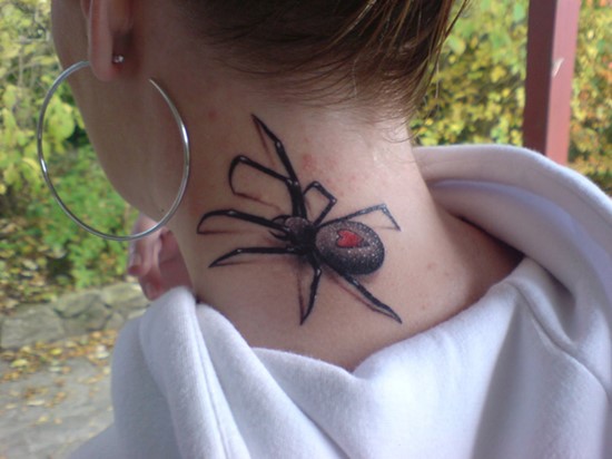 3D spider on neck tattoo