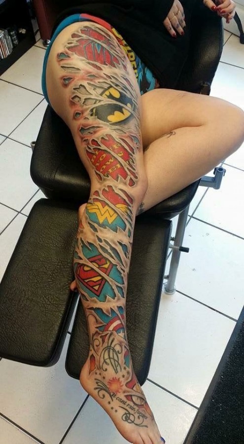 3D superhero leg tattoo