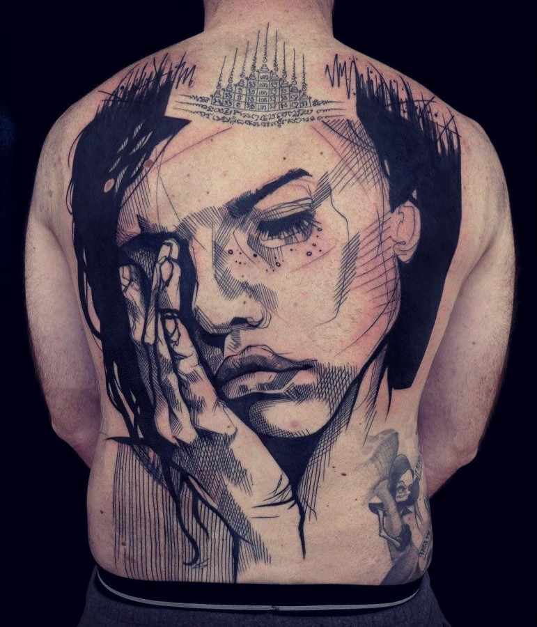 backpiece portrait sketch tattoo by lea nahon