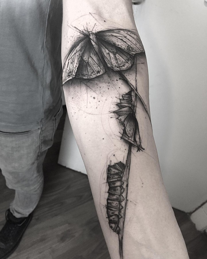 caterpillar transformation sketch style tattoo by kamilmokot