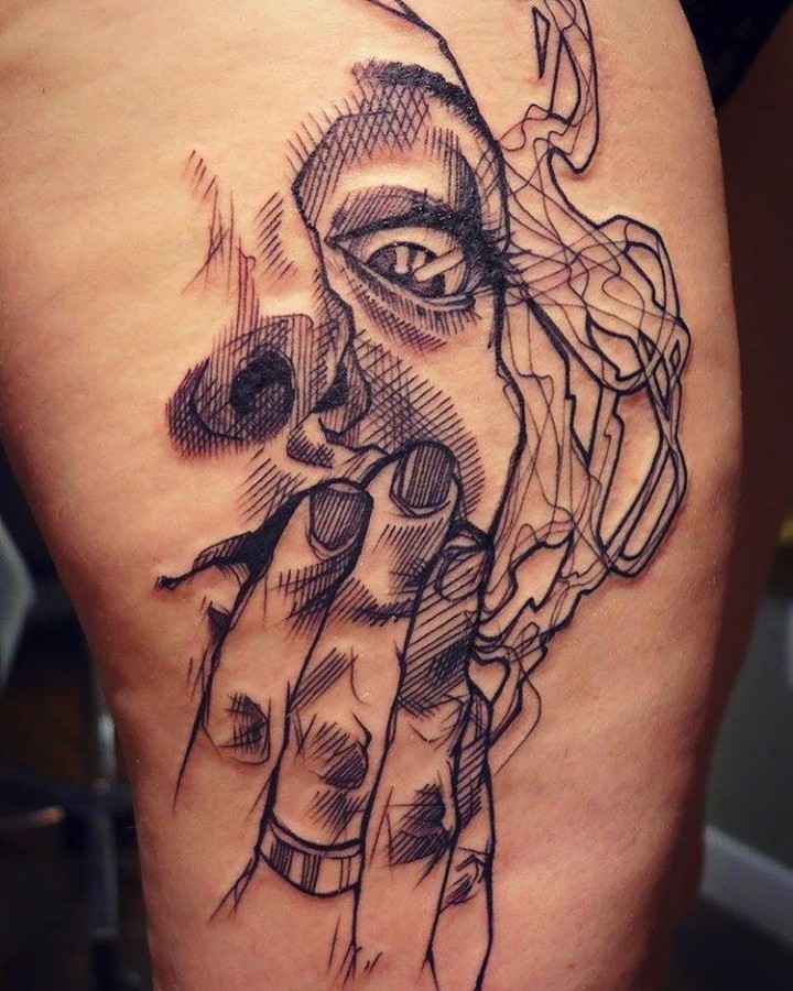 half portrait line sketch style tattoo by lea nahon