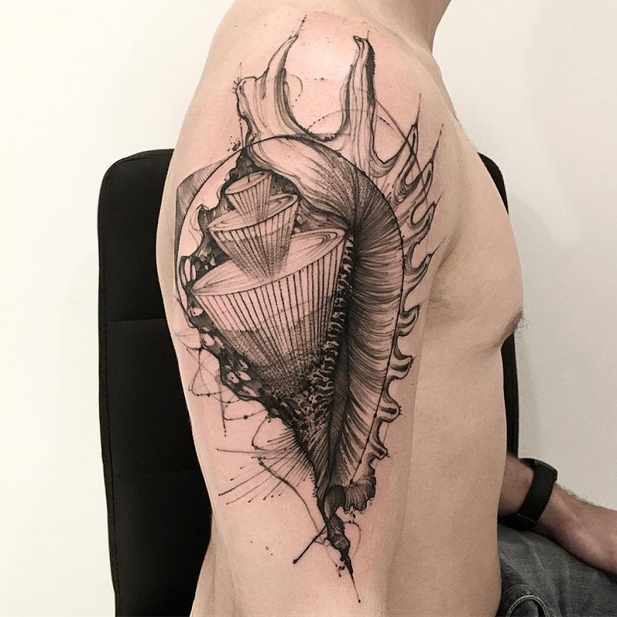 shell sketch style tattoo by victor montaghini
