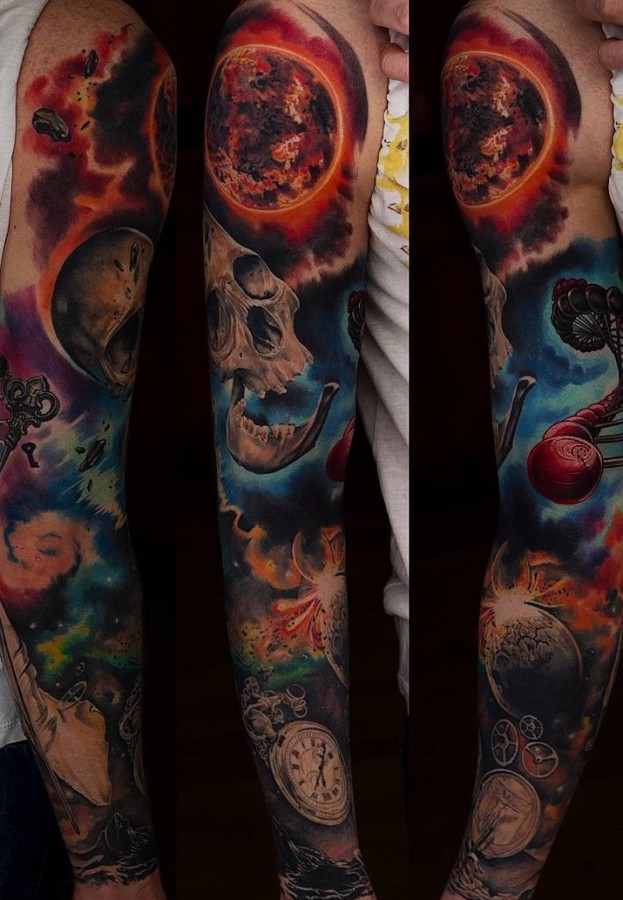 skull full sleeve tattoo by rochone1