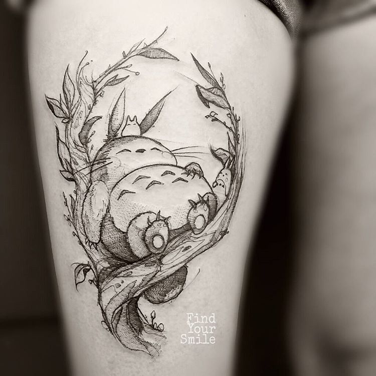 sleepy totoro sketch style tattoo by findyoursmile