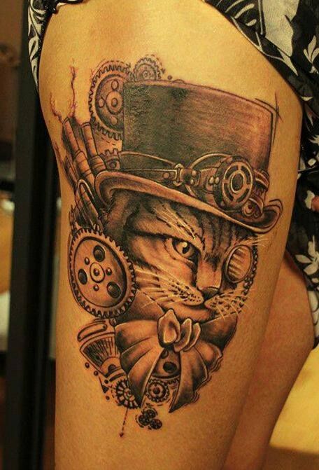 Steampunk cat tattoo