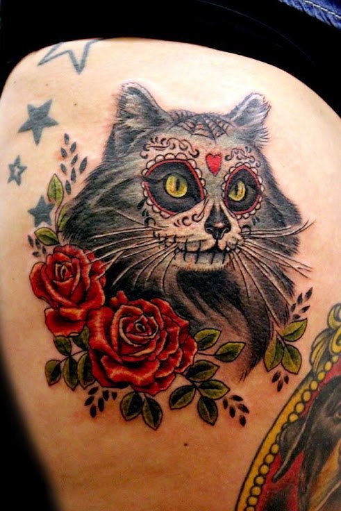 Sugar skull cat tattoo