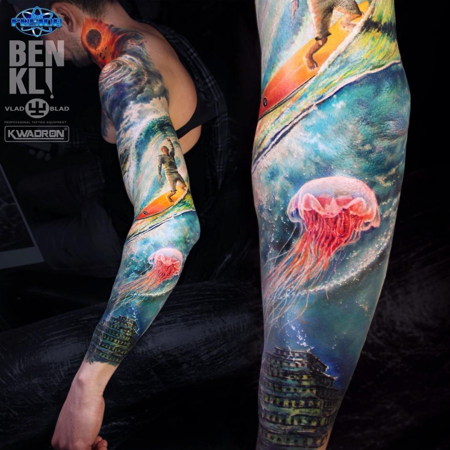 surfer space sleeve tattoo by ben_klishevskiy