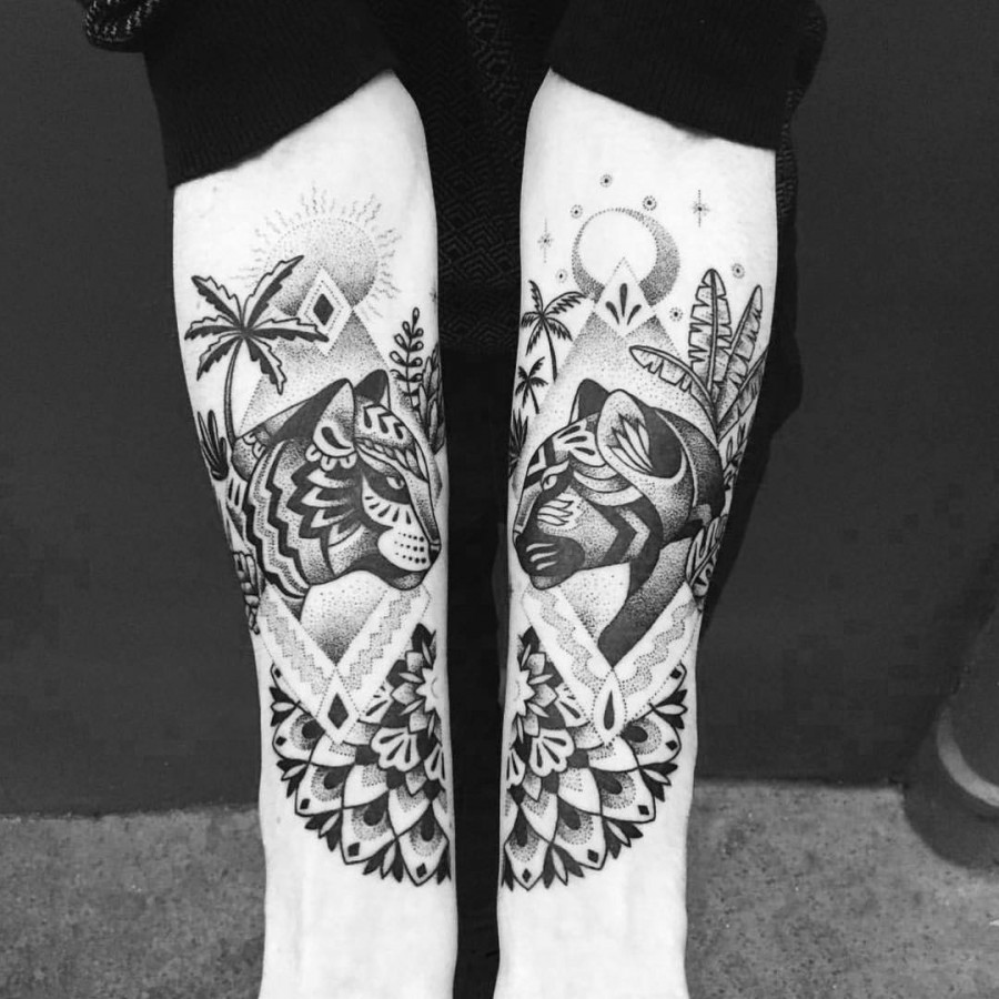 tiger and panther tattoo by violette chabanon