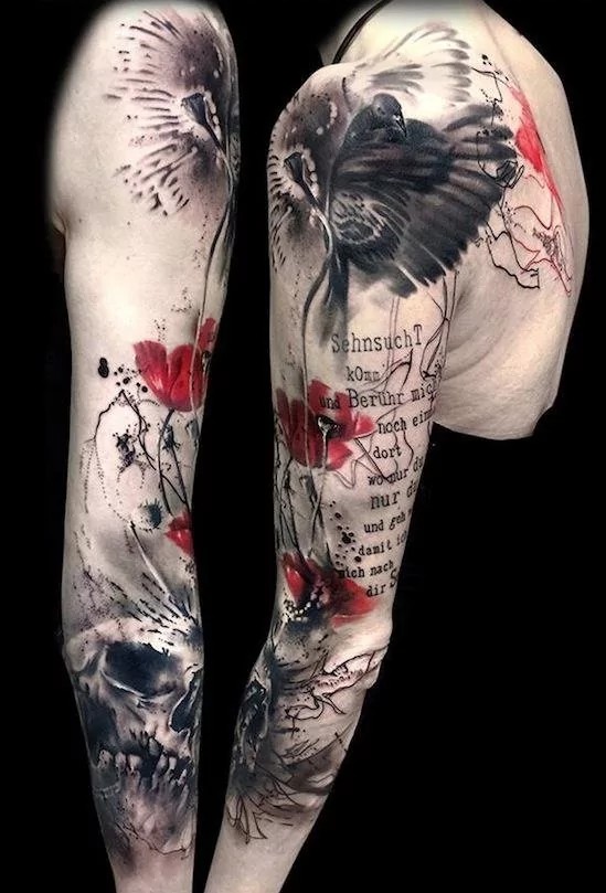 trash polka style poppy tattoo