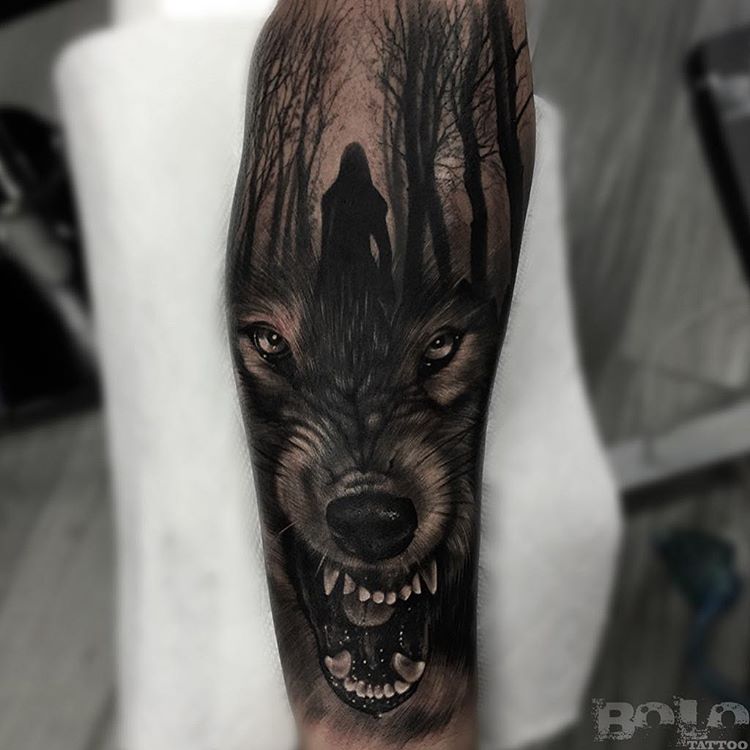 wolf sleeve tattoo by boloarttattoo