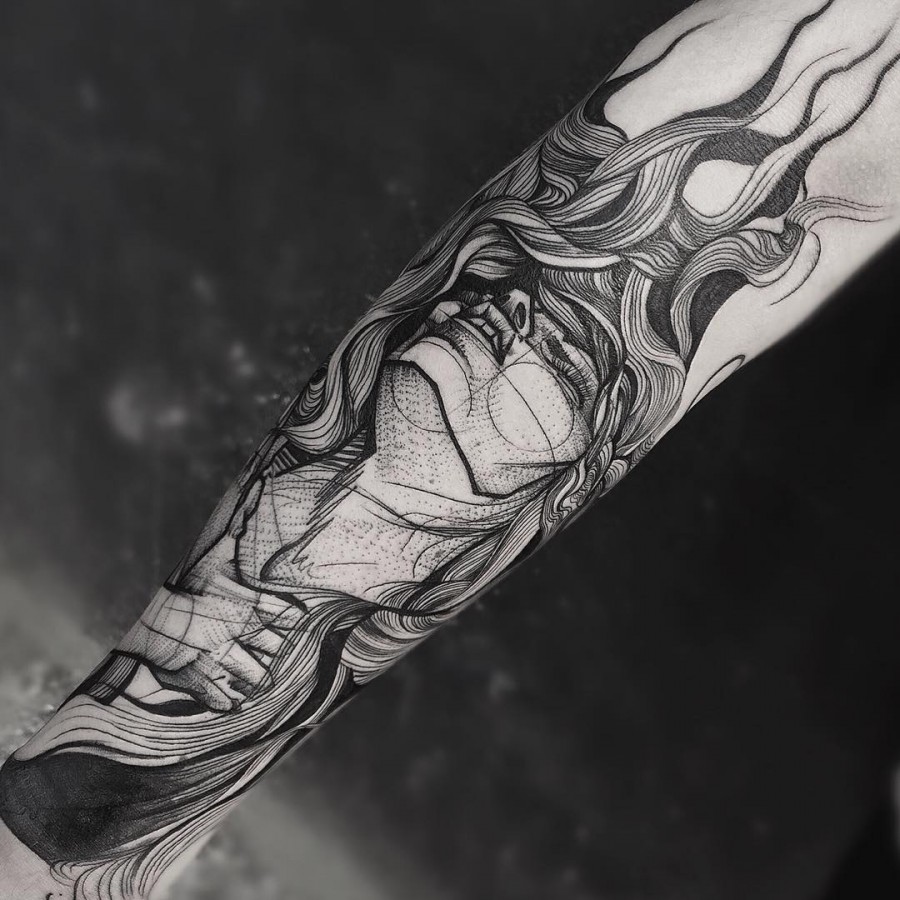 woman sketch style tattoo by frank carrilho