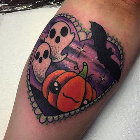 cute-pumpkin-ghost-and-bat-tattoo