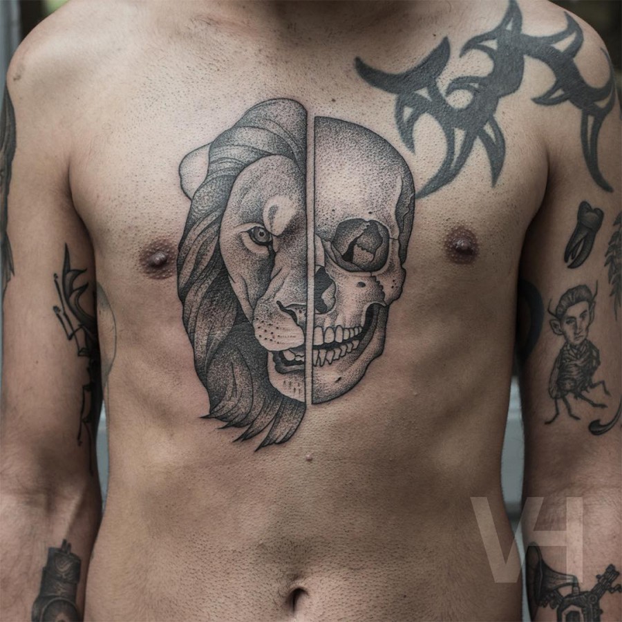 lion-and-skull-chest-tattoo-by-valentin-hirsch