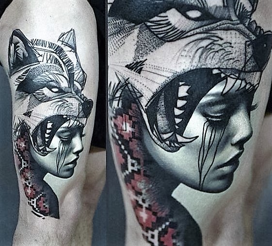 shaman-lady-and-wolf-tattoo