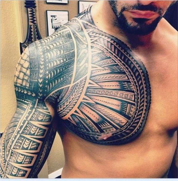 tribal shoulder and chest tattoos for men