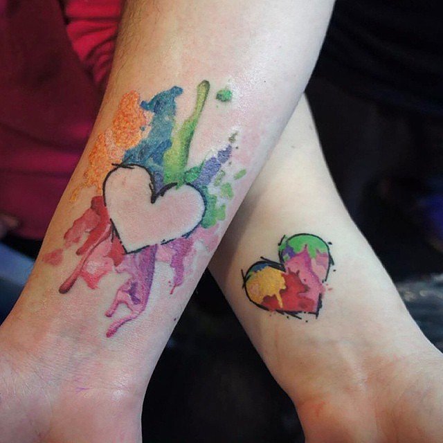 watercolor hearts couples tattoos