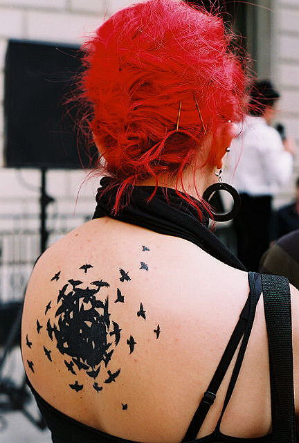 red hair girl tattoo birds