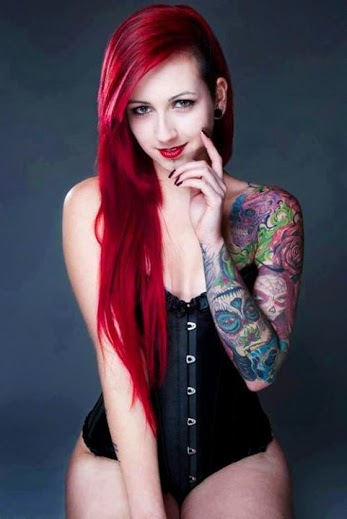 red hair girl tattoo girl in a corset