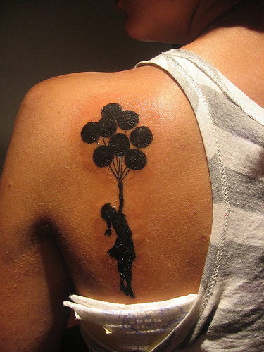 banksy graffiti tattoo girl with baloons black work