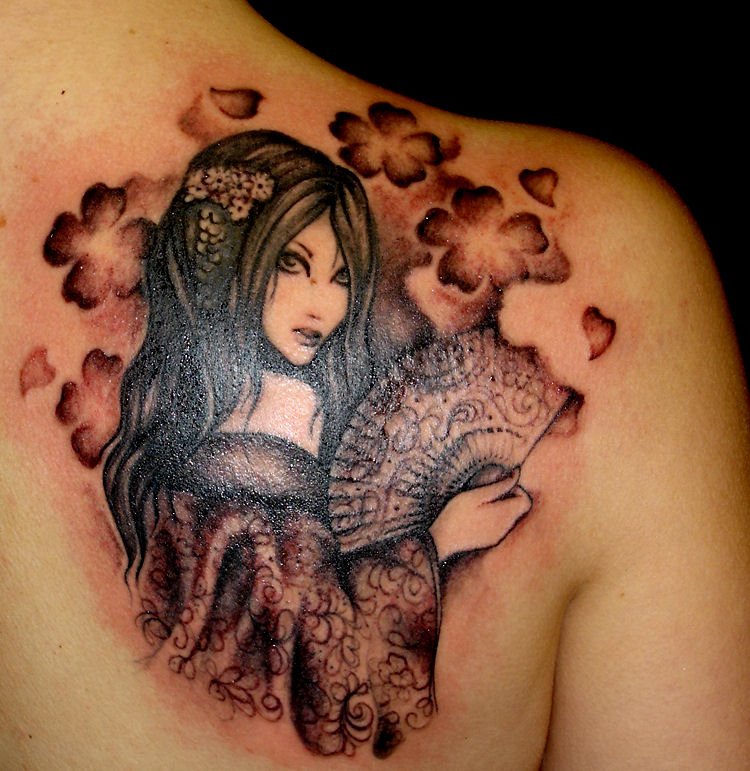 fan tattoo asian woman with fan