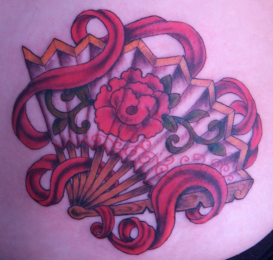 fan tattoo red fan with flower