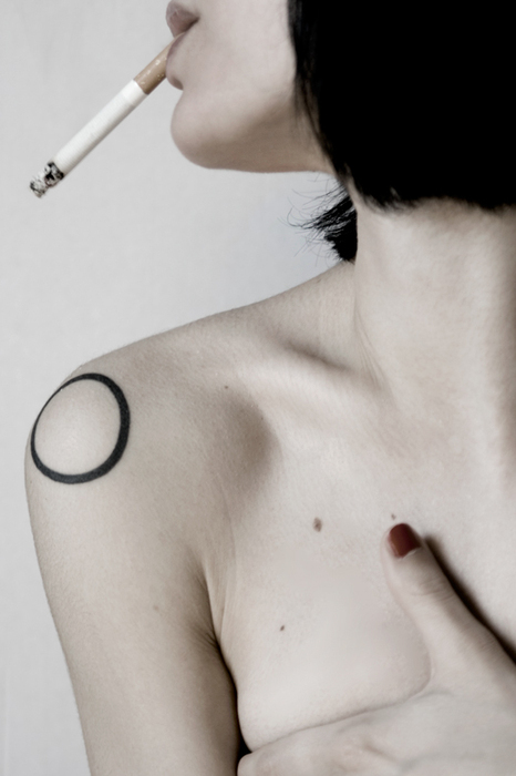 geometric abstract tattoo black circle smoking lady