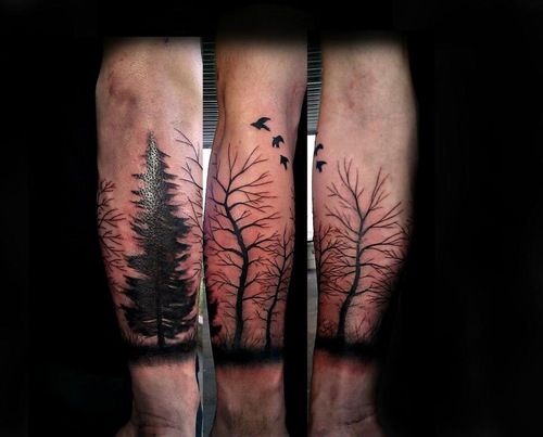 realistic tattoo trees birds black work