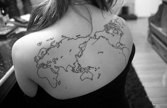 travel tattoo world  map contour on back