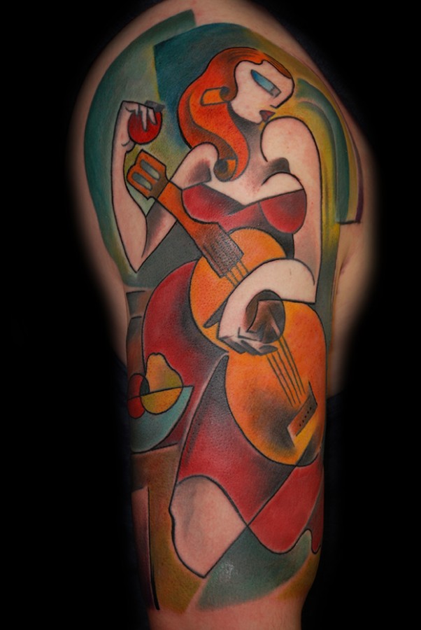 beautiful lady in red playing the guitar tattoo by bugs