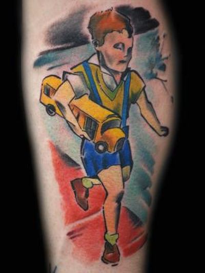 boy with bus tattoo by bugs