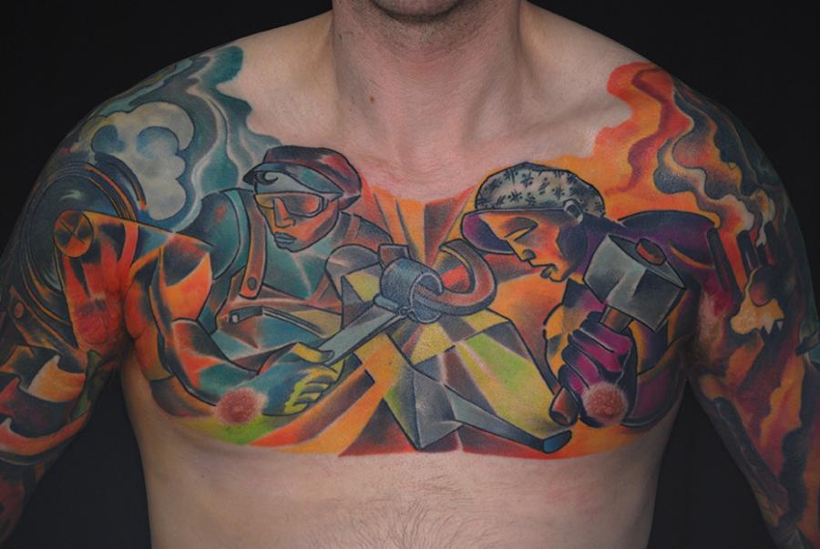 chest tattoo by bugs working class men