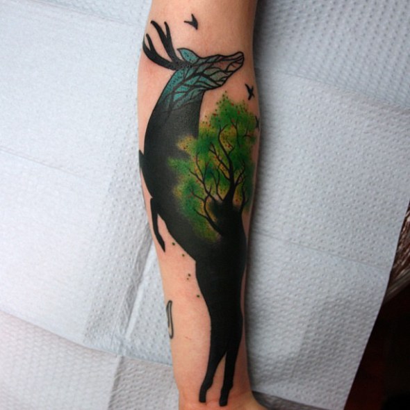 deer and tree tattoo by jimmy duvall