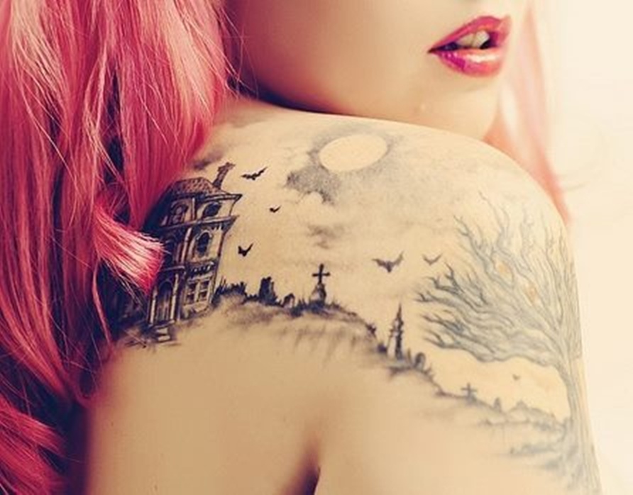 fairytale tattoo city with flying bats