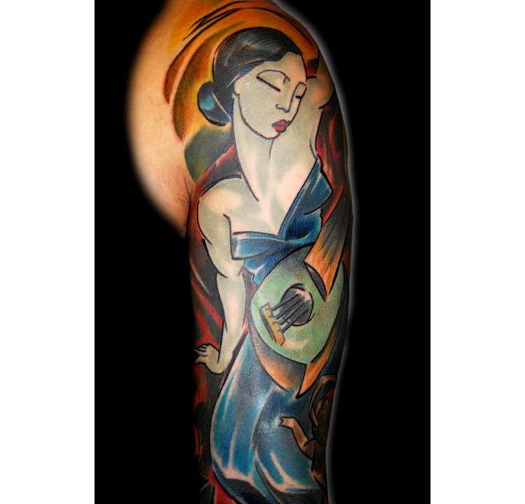 lady with instrument tattoo by bugs