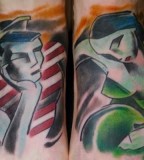 man and woman feet tattoo by bugs