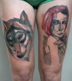 peter aurisch tattoo wolf and woman leg tattoo