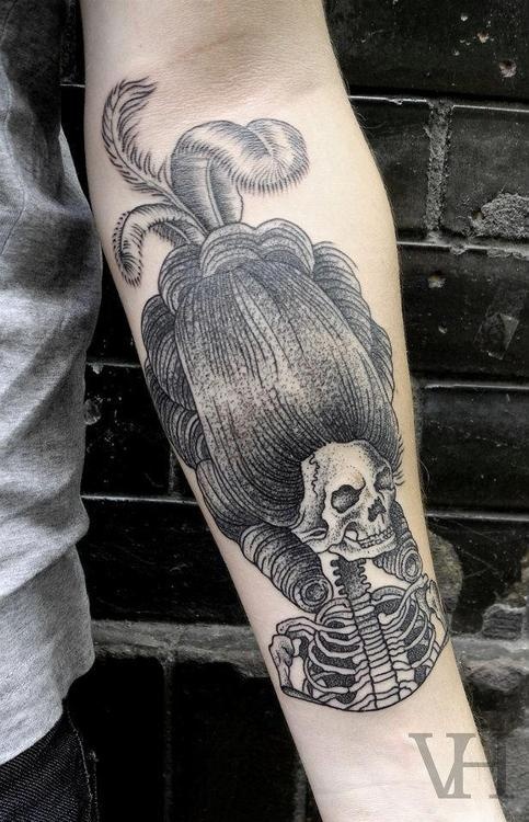 skeleton with big  hair tattoo by valentin hirsch