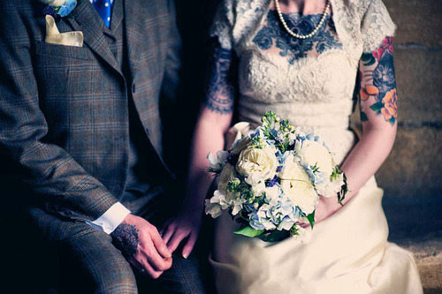 tattooed couple retro wedding