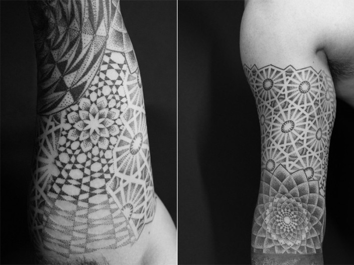 geometric tattoo arm sleeve dotwork