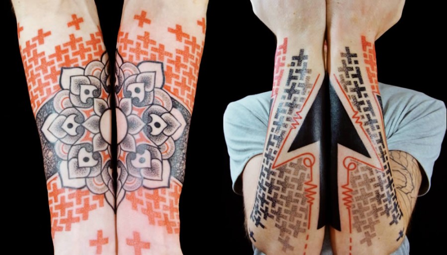 geometric tattoo sleeve flower and arrow