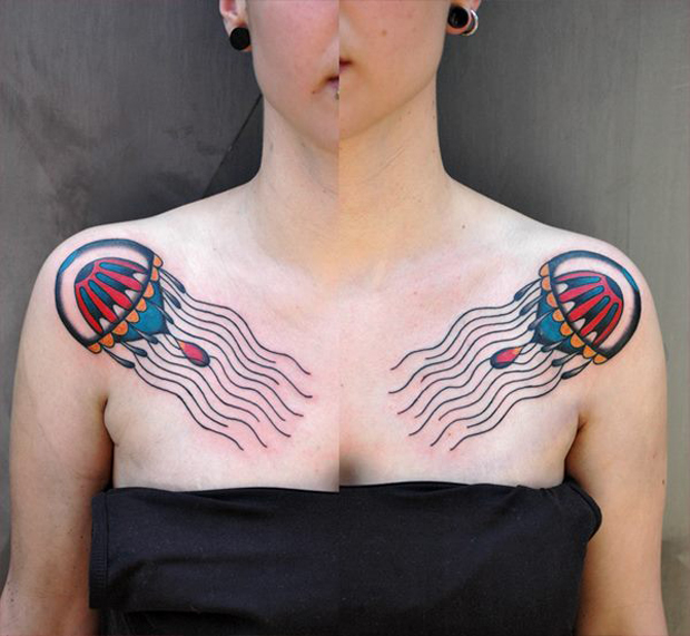 jellyfish chest tattoo by luca font