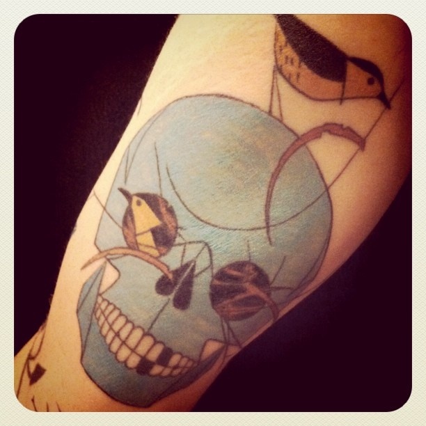 skull and birds tattoo inspired by charley harper