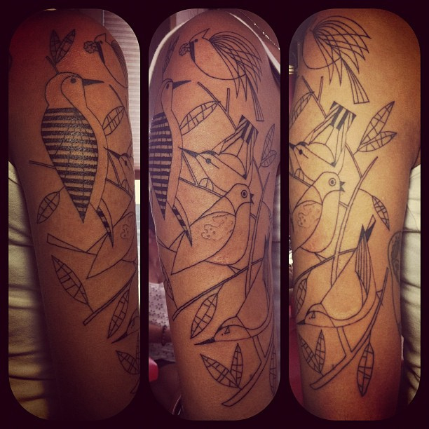 uncolored bird tattoo sleeve inspired by charley harper