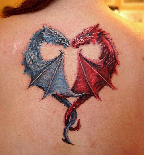 Blue and red dragon tattoo