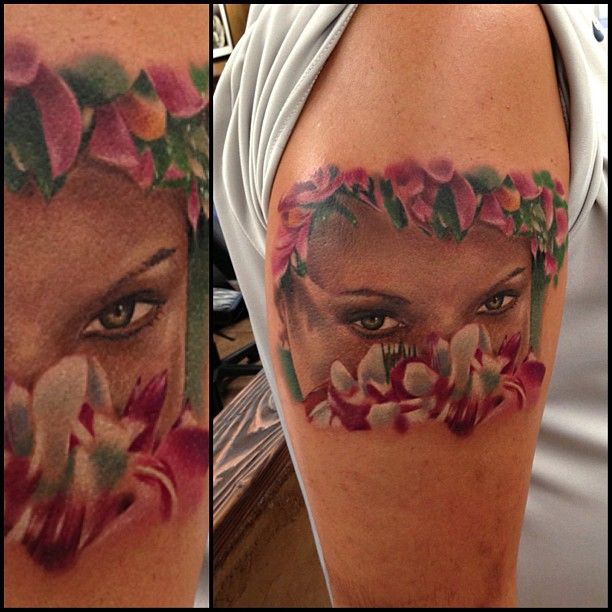 Flowers and girl tattoo by Rich Pineda