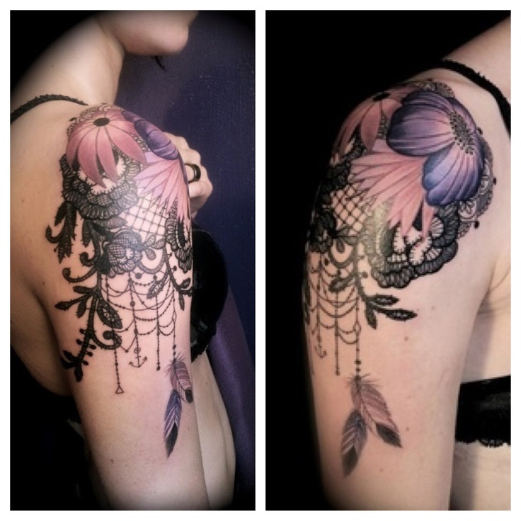 Lace shoulder tattoo with flowers