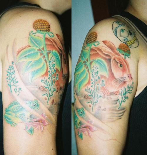 Rabbit and frog fairytale tattoo