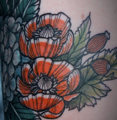 Red flowers tattoo by David Hale