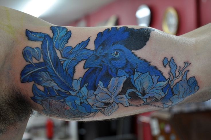 blue ink tattoo rooster