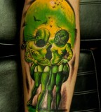 green tattoo optical illusion skull and two girls